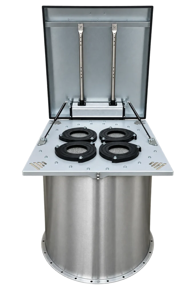 4 kartuşlu silo üstü jet pulse filtre, açık kapak görünümü