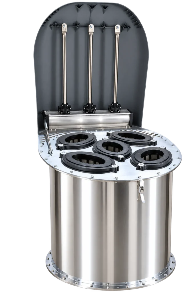 Oval kartuşlu silo üstü jet pulse filtre, açık kapak görünümü